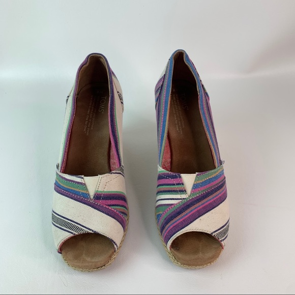 TOMS Canvas Striped Peed Toe Espadrille Wedge 8 - Picture 2 of 8